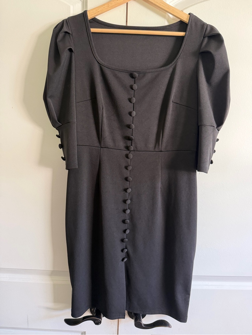 SHEIN Black Square-Neck Puff Sleeve Midi Dress with Front Covered Buttons
